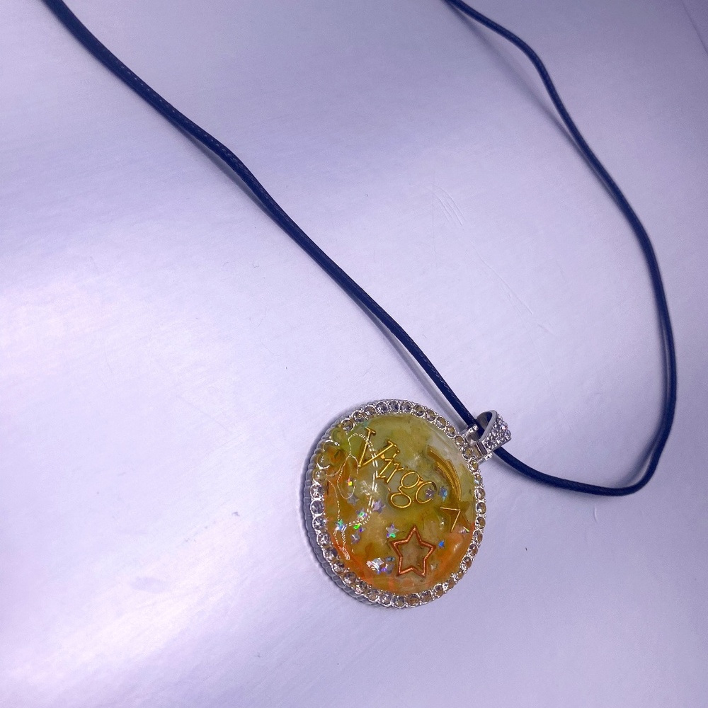 9 Inch Virgo Handmade Necklace (1.5 in pendant) on black rope necklace
